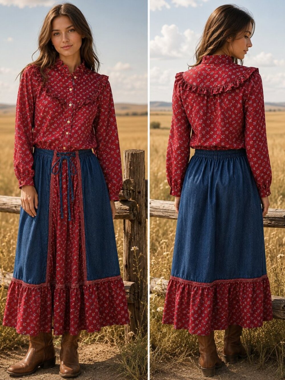 Eber San Francisco Vintage Prairie Skirt Blouse Set Denim Floral Lace Up Skirt